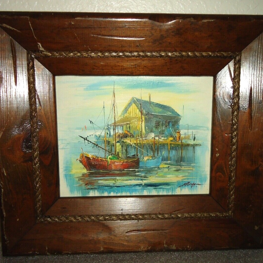 Vintage MCM Alan Simpson Original Oil Painting Fishing Boats Harbor Scene Framed